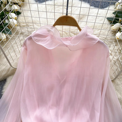 3D Floral Beach Short Dress Female Long Sleeves Lace Up Ruffle Chiffon Cake Sundress Sheer Sexy Vintage Bohemian Dress