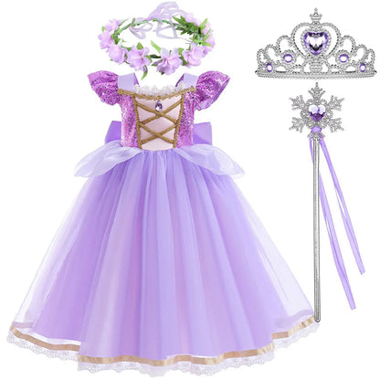 Rapunzel Short Sleeve Purple Puffy Dress + Accessories Girls Cosplay Rapunzel Summer Casual Dress Birthday Party Gift