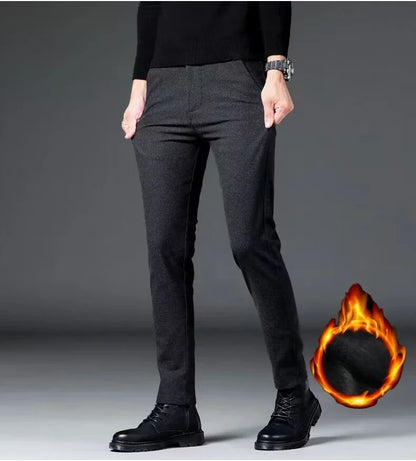 Fashion Men Thermal Fleece Casual Pants Winter Thick Straight Slim Velvet Trousers Brand Clothing Korean Male Pants Size 28-38