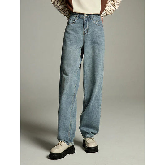 Women Jeans 2023 Autumn High Waist Straight Loose Trousers Fashion Casual Versatile Simple Basic Light Blue Pants