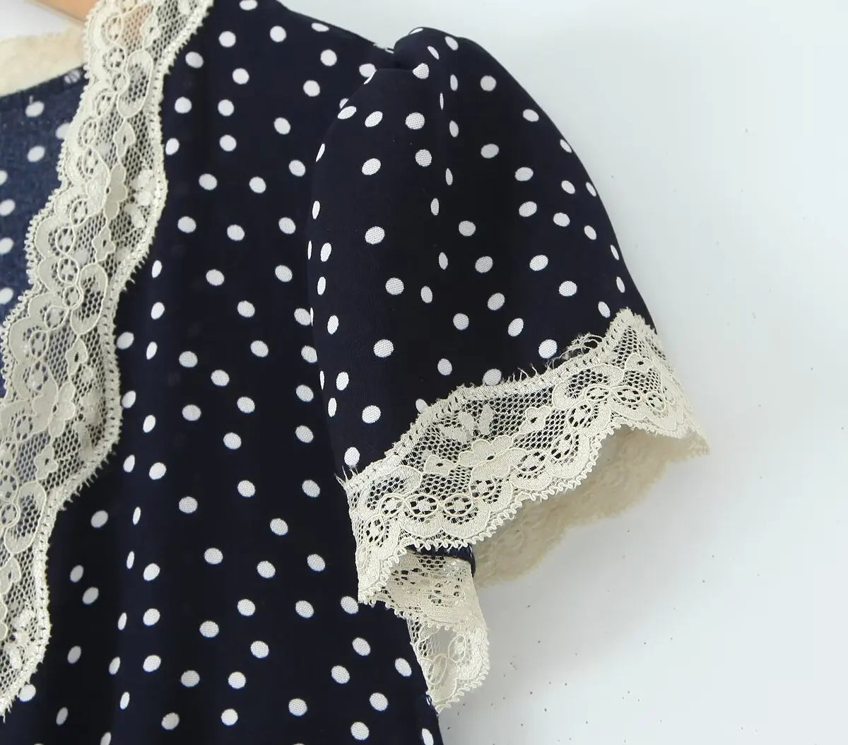 2025 Women Navy Blue Polka Dot Long Dress Lace Trim V Neck Short Sleeve A-line Elegant Holiday Dresses Summe Maxi Robe