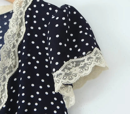 2025 Women Navy Blue Polka Dot Long Dress Lace Trim V Neck Short Sleeve A-line Elegant Holiday Dresses Summe Maxi Robe