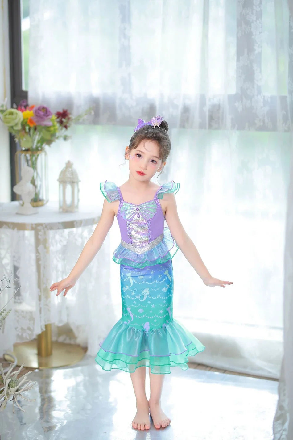 Halloween Costume Mermaid Dress Girl Ruffles Shell Fishtail Frocks Ariel Fantasy Luxury Princess Gown Children Fancy Fairy Dress