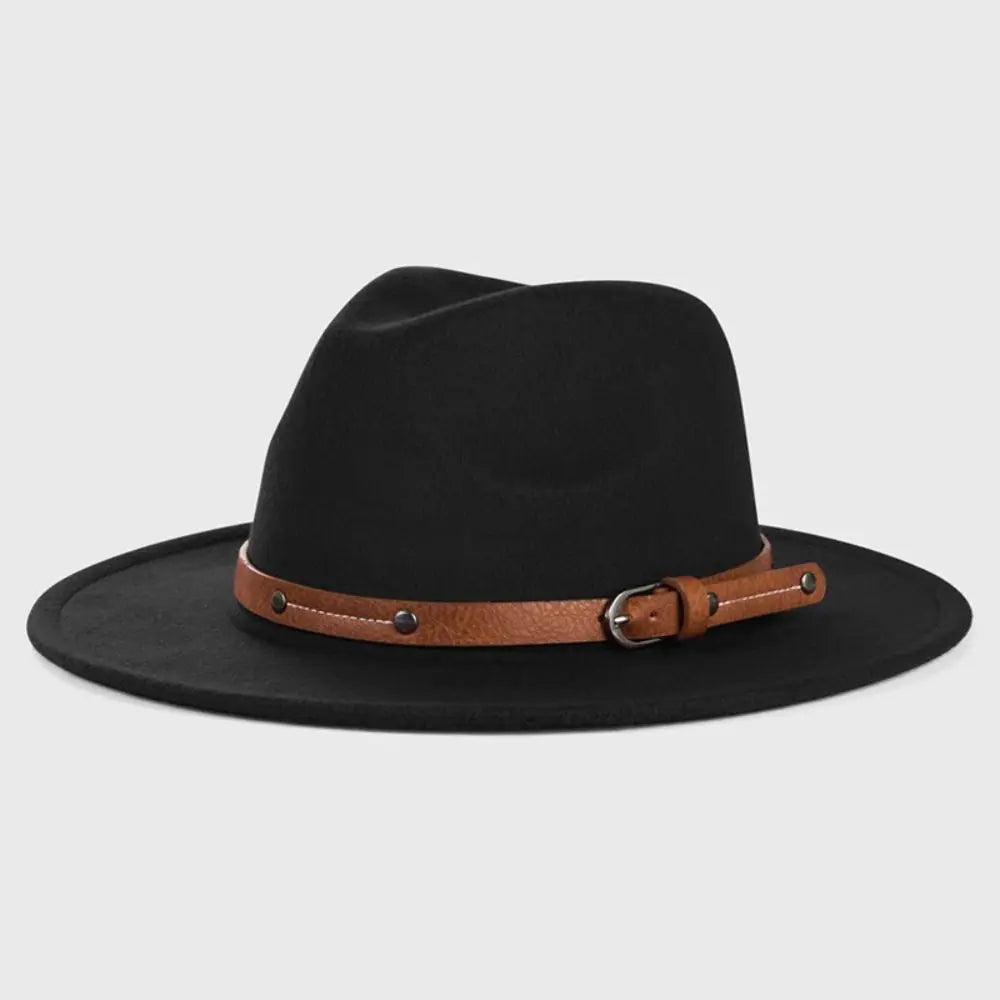 With Belt Buckle Felt Fedora Hats Fashion Vintage Wide Brim Panama Cap Soft Elegant Cowboy Cap Men Women