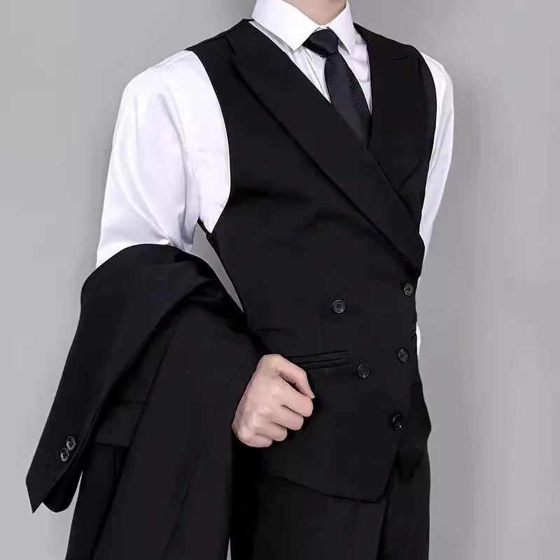 Man Waistcoat Vintgae Slim Turn Down Collar Male Suit Vest Simple Double-breasted Breathable Casual Versatile Men Vest
