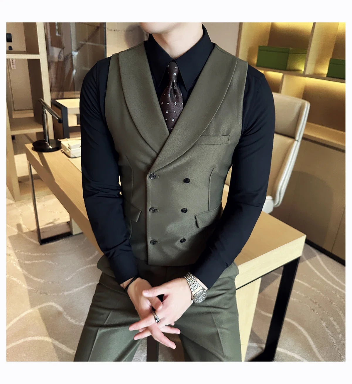 Men Luxury Double Breasted Design Solid Vest Formal Groom Wedding Dress Suit Vest Set Fashion Mens Club Singer Clothing 6XL-M