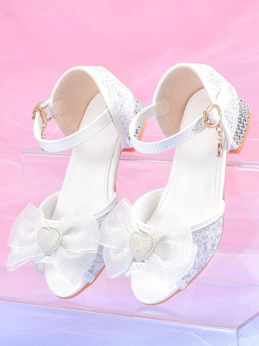 Girls' Crystal Heel Bowknot Dress Sandals, White Sparkly Princess Party Shoes For Children