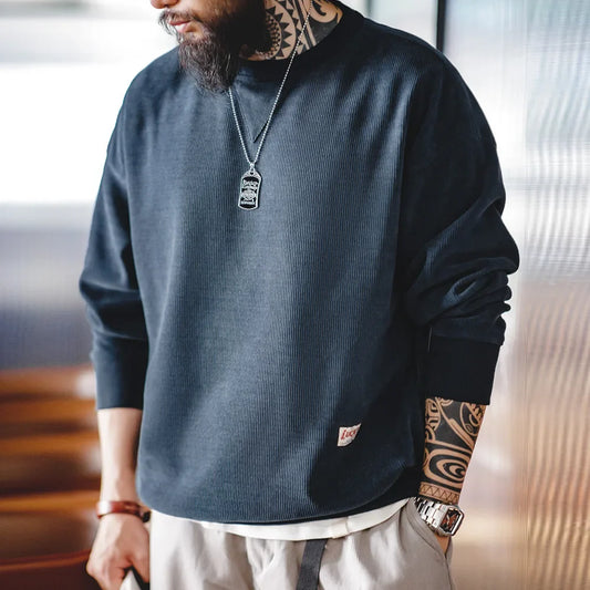 Heavyweight Round Collar Chenille Sweater for Men Spring and Autumn Basic Styles Long-sleeved Pullover Navy Blue T-shirts