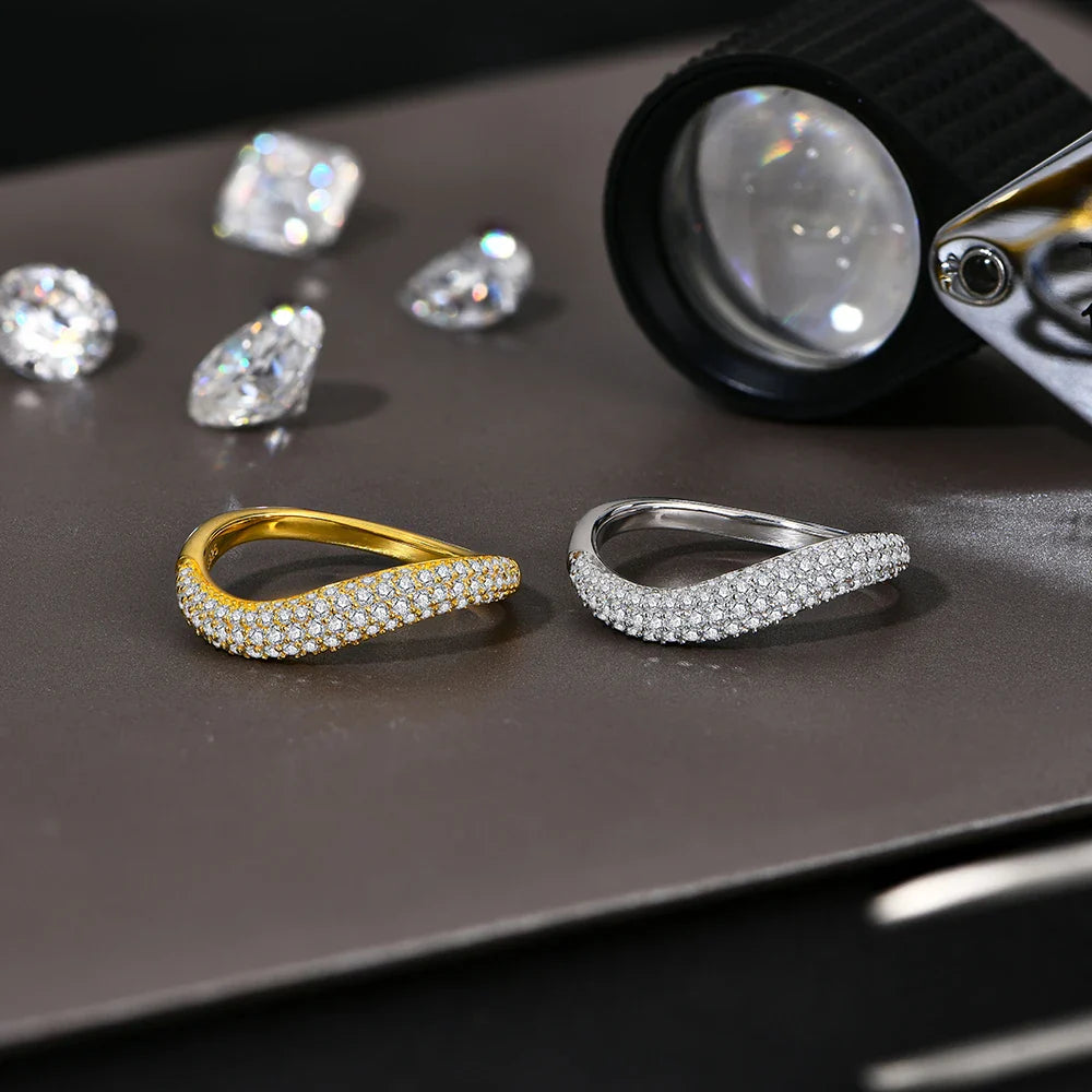 Sparkling Full D Color Moissanite Ring for Women VVS1 Lab Diamond Wavy Band S925 Sterling Silver Stackable Wedding Gift
