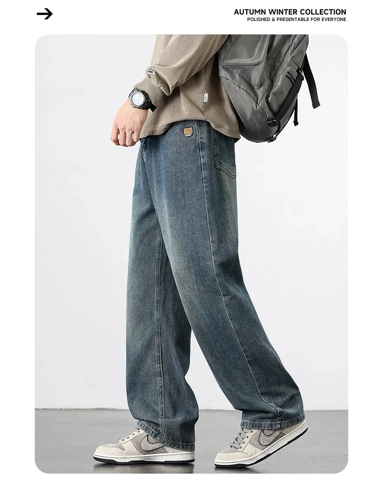 Spring Autumn American Retro Straight Jeans Men Streetwear Korean Fashion Loose Baggy Wide Leg Denim Pants Male Casual Trousers