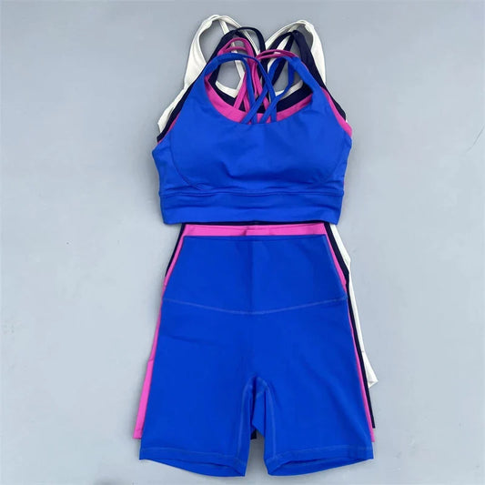 Solid Color soft gym Yoga Set short Legging +cross sport bra Tracksuit  Women Gym Suit Comprehensive Training Jogging Athletic