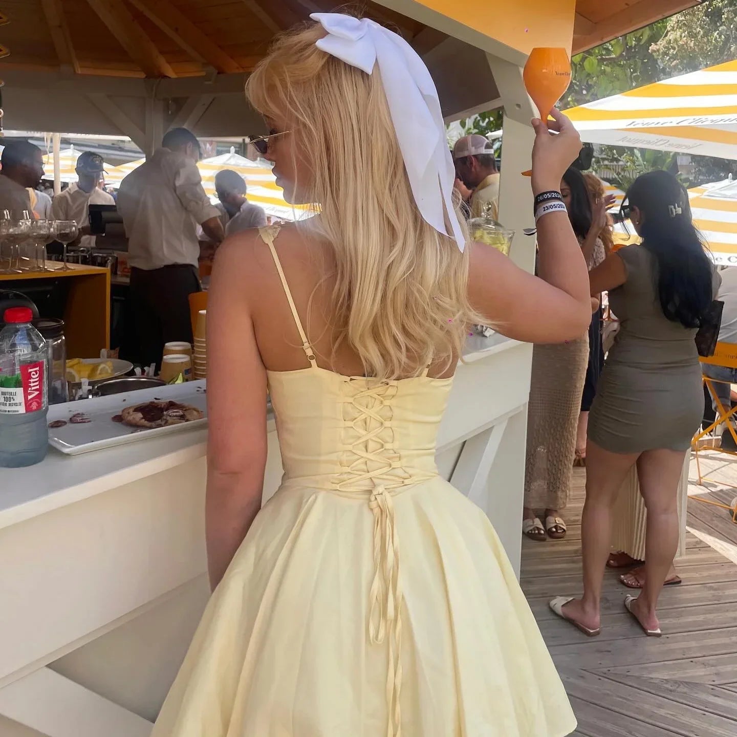 2024 Summer Lovely A Line Dress Yellow Sexy Party Dresses Hollow Out Lace Up Elegant Holiday Dress Women