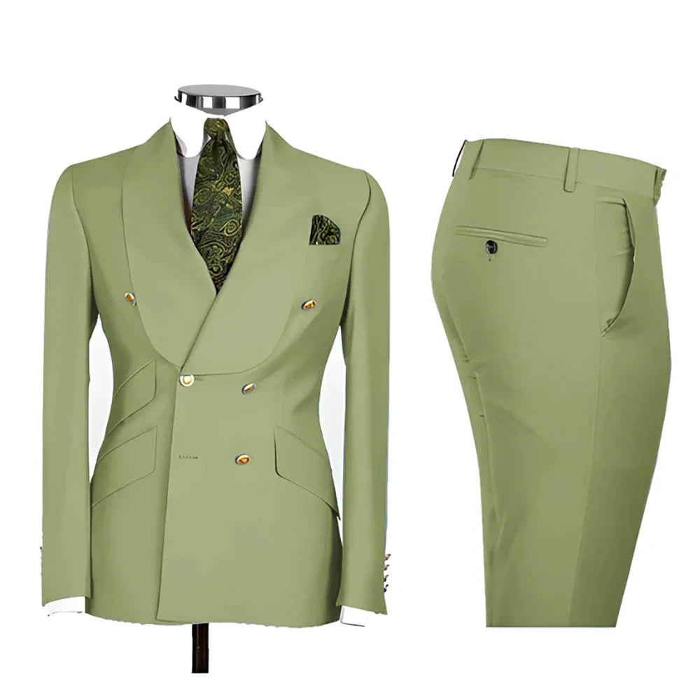 Lvory Shawl Lapel 2 Piece Suit Double Breasted Men's Jacket Pants with Gold Buttons Formal Wedding Groom Attire Prom Tuxedos