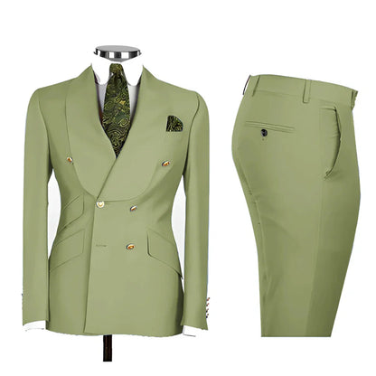 Lvory Shawl Lapel 2 Piece Suit Double Breasted Men's Jacket Pants with Gold Buttons Formal Wedding Groom Attire Prom Tuxedos
