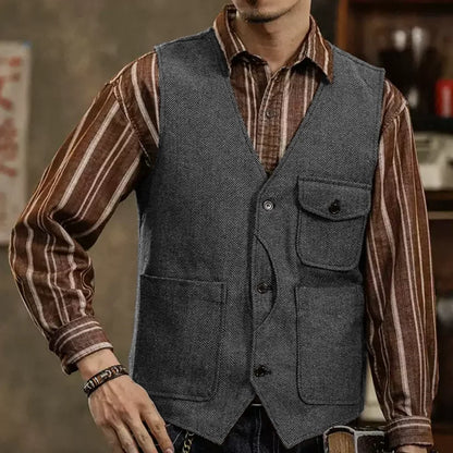 Men Vest Coffee Herringbone Single Button Pocket Waistcoat For Wedding Business Casual Formal Daily Office Work Men Suit Vest