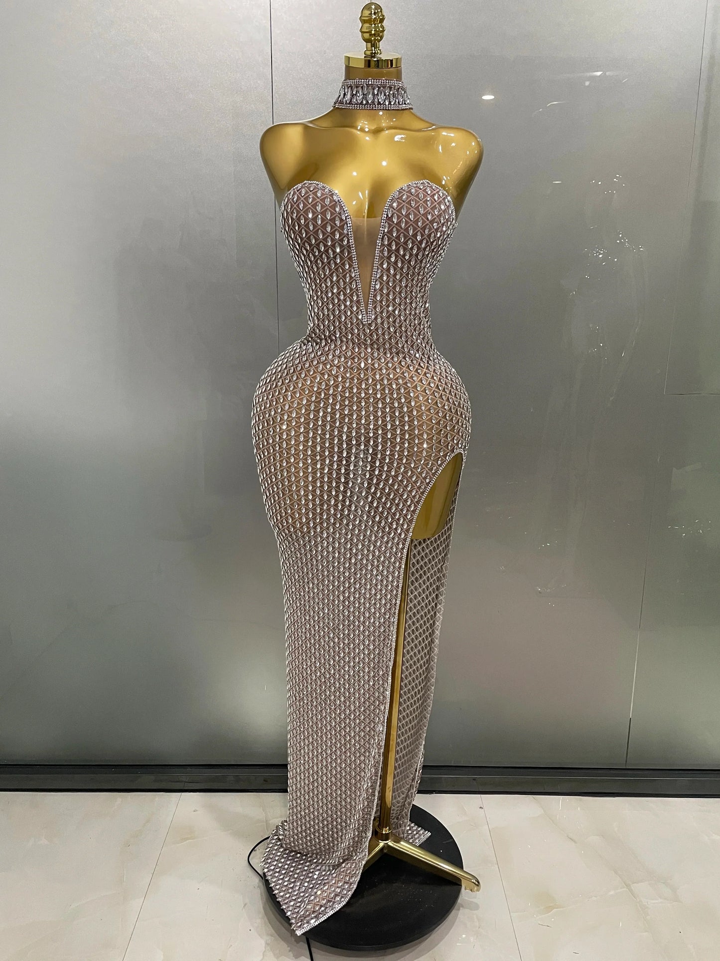 2025 Luxurious Full Rhinestones Mesh Transparent Long Dress Women Birthday Celebrate Evening Prom Dress Party Club Stage Costume