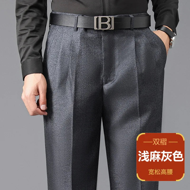 Double Pleated Mens British Pants High Waist Thicken Straight Business Black Formal Clothes For Mens Dress Trousers size 42 44