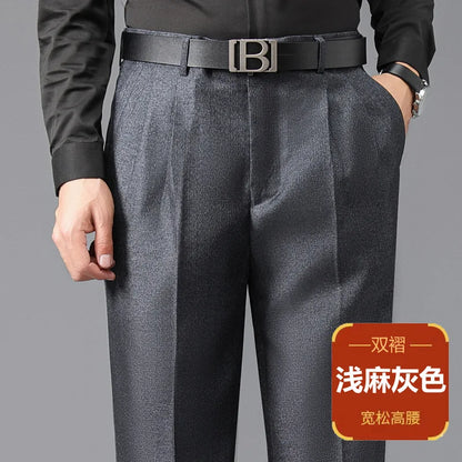 Double Pleated Mens British Pants High Waist Thicken Straight Business Black Formal Clothes For Mens Dress Trousers size 42 44