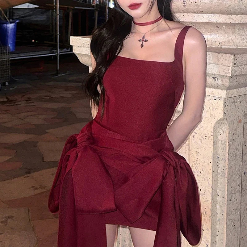Fashion Red Bowknot Mini Dress Straps Square Collar Sleeveless Backless Vintage Cute Ladies Slim Party Short A-line Dresses