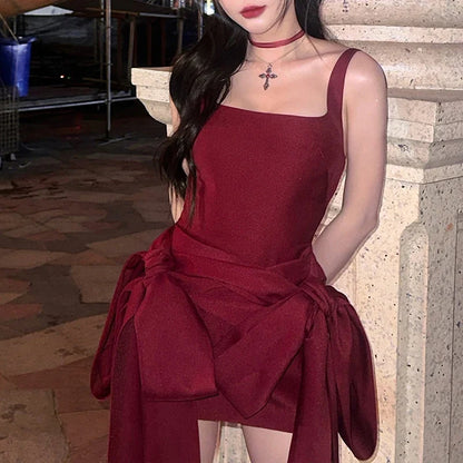 Fashion Red Bowknot Mini Dress Straps Square Collar Sleeveless Backless Vintage Cute Ladies Slim Party Short A-line Dresses