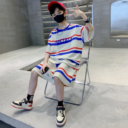 Striped Short-sleeved Sportswear Summer Suit for Boy Set Children From 4 Years Old Tees Kids Clothes Boys Children's Costumes 11