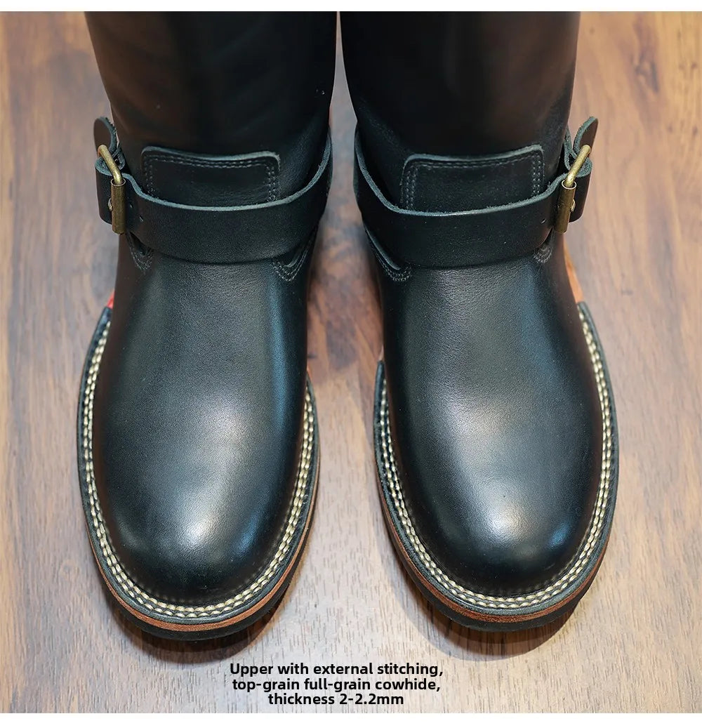 Retro American Motorcycle Boots Long Tube Genuine Leather Engineer Boots Men Knight Style Boots Outdoor Youth Fashion Boots