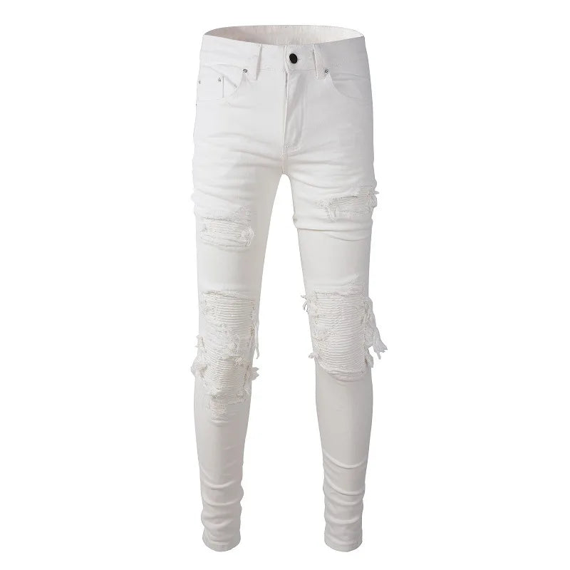 Men's White Stretch Ripped Biker Jeans Slim Skinny Pleated Patchwork Denim Pants