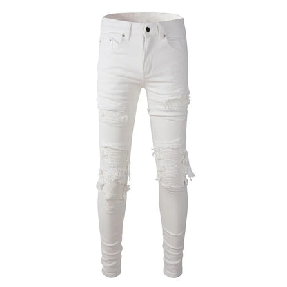 Men's White Stretch Ripped Biker Jeans Slim Skinny Pleated Patchwork Denim Pants