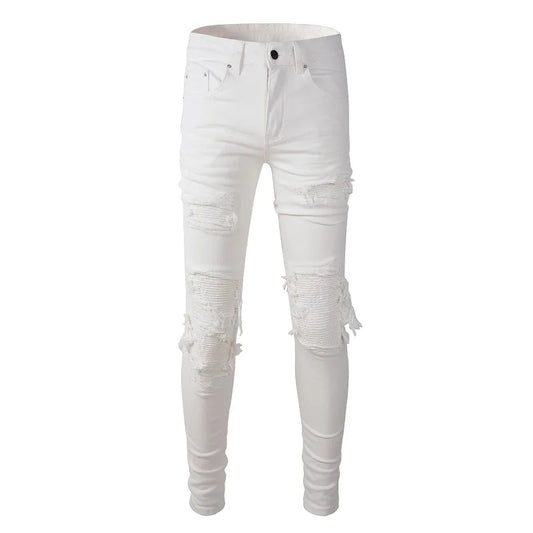Men's White Stretch Ripped Biker Jeans Slim Skinny Pleated Patchwork Denim Pants