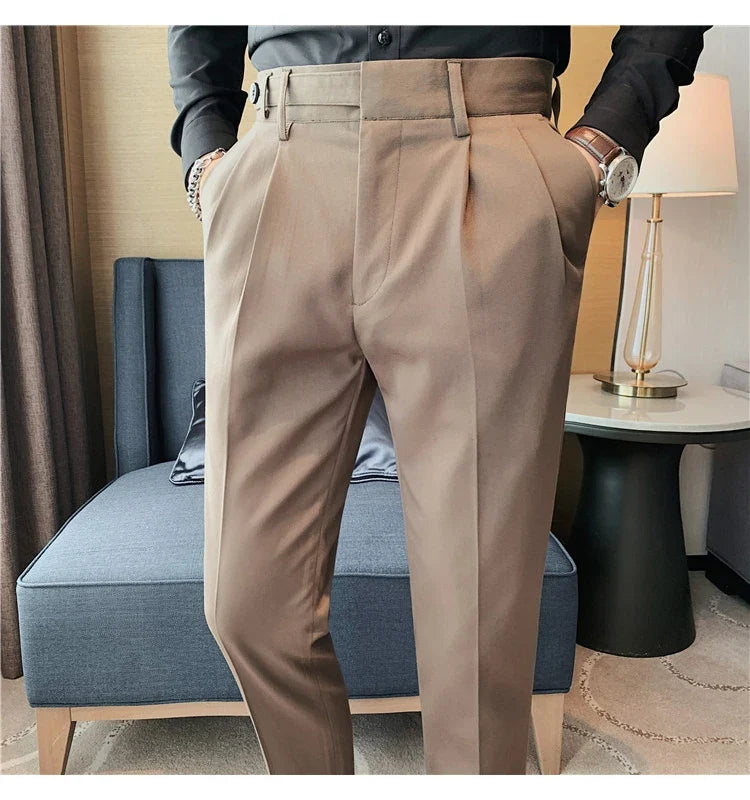 Autumn Winter High Quality Solid Casual Pants Men Belt Design Slim Fit Trousers Formal Office Business Social Party Suit Pants