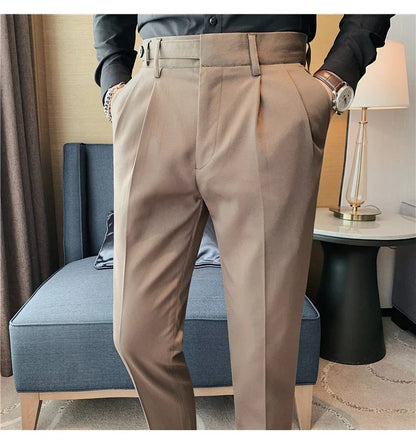 Autumn Winter High Quality Solid Casual Pants Men Belt Design Slim Fit Trousers Formal Office Business Social Party Suit Pants
