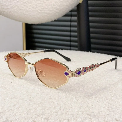 Retro Geometric Polygon Metal Frame Sunglasses with Colorful Enamel Temple Arms UV400 Trendy Women's Fashion Shades Gafas De Sol
