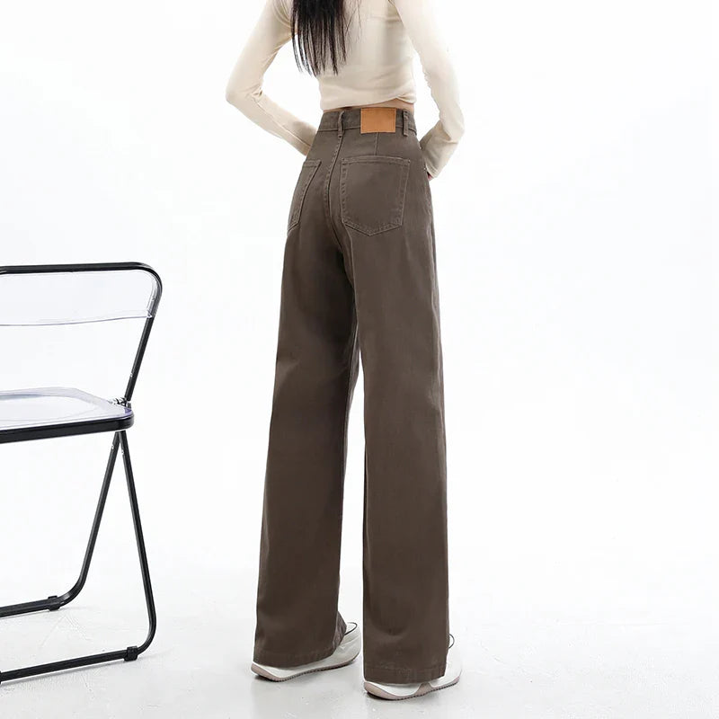 Baggy High Street Fashion Straight brown Jeans for Women's Y2k High Waist Female Clothing Solid Color Casual Wide Denim Trousers