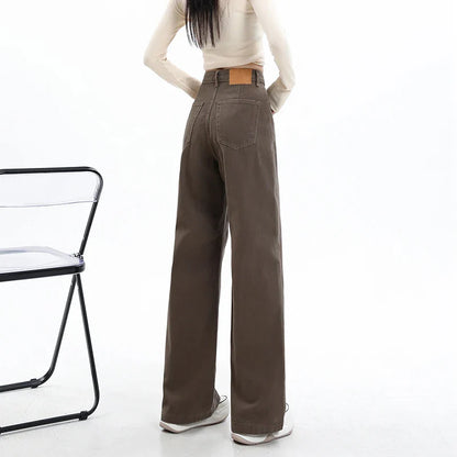 Baggy High Street Fashion Straight brown Jeans for Women's Y2k High Waist Female Clothing Solid Color Casual Wide Denim Trousers