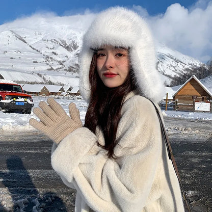 Korean Ins Imitation Mink Plush Hat Winter Women Ear Protection Bomber Hats Fashion Warm Fluffy Faux Fur Ski Beanies Y2k Gift