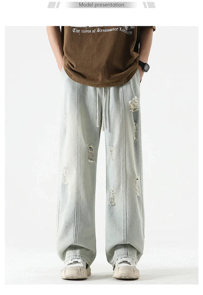 Men's Summer Ripped Jeans Loose Straight Leg Retro Men Draw Rope Port Fashion Brand All-match Casual Pants