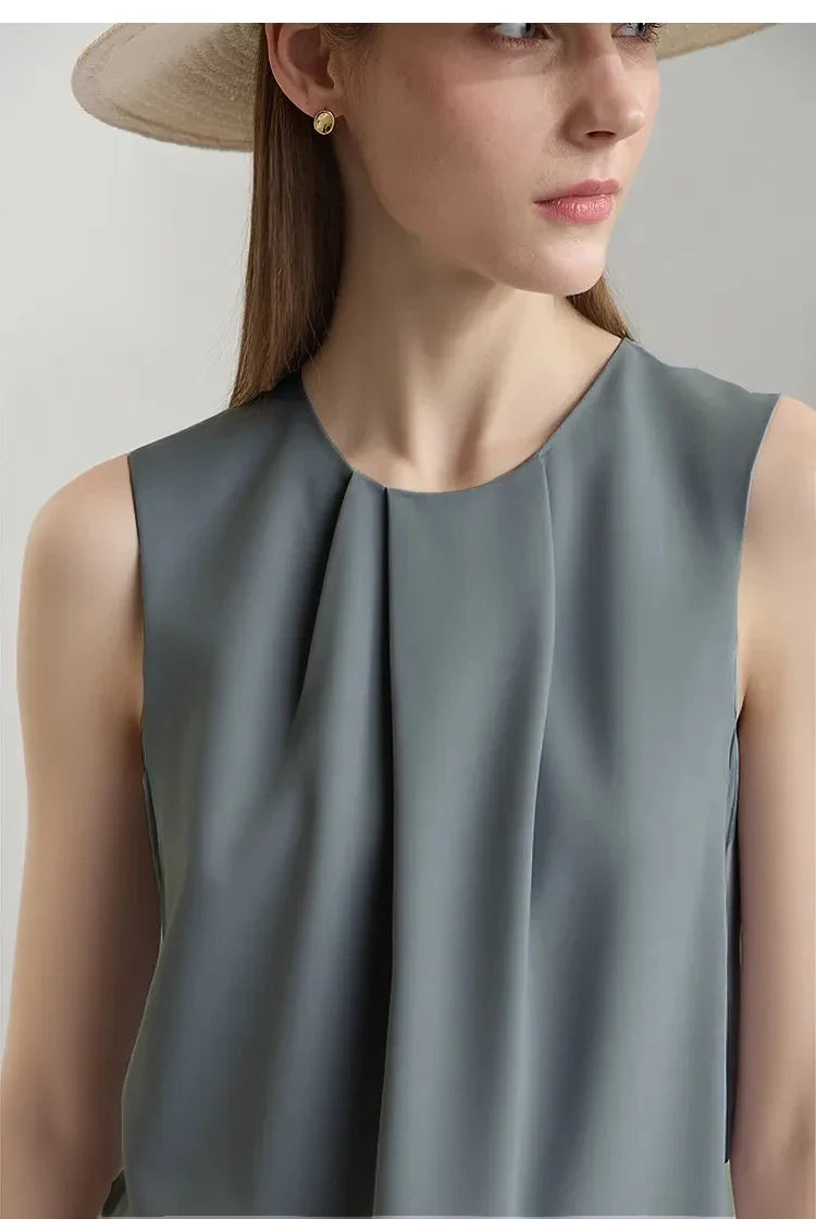 Sleeveless Women's Blouse 2026 Summer O-Neck Asymmetric Chiffon Top For Women Elegant Pleated Office Flowy Shirt 12642060