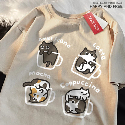 American Style Coffee Cat Japanese Style Tshirts Man Casual Breathable Cotton Loose Summer T-Shirt Loose Cotton Oversize T Shirt