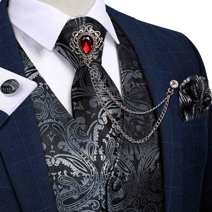 New Teal Green Paisley Formal Dress Vest Men's Suit Vest Waistcoat Tie Brooch Pocket Square Set for Tuxedo