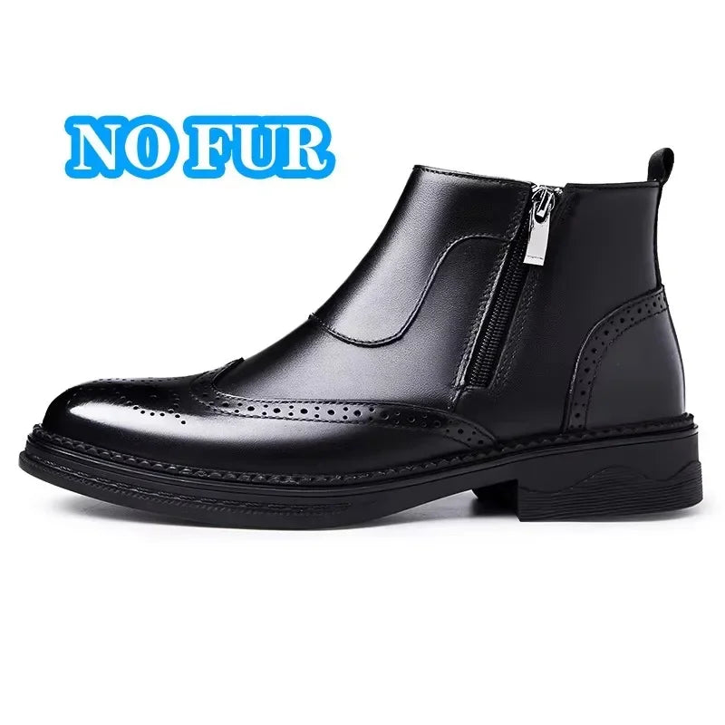 Male Winter Shoes Plush Warm Shoes Fashion Zipper Men's Basic Boots British Style Business Shoes Genuine Leather Chelsea Boots