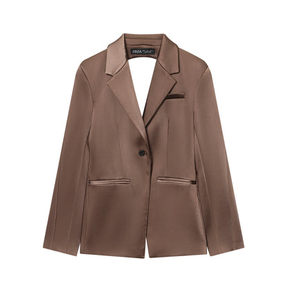 backless Satin Texture Blazers Women Fashion Autumn Winter Back hollow design Long Sleeve Single Buckle Suits Jacket coats
