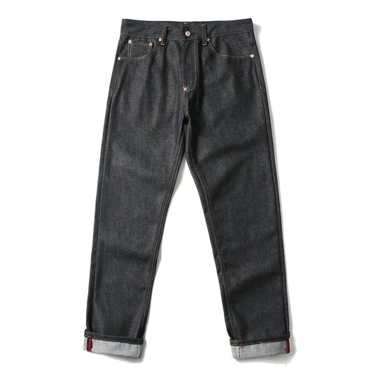 Men's Japanese Handmade Embroidered Cotton Jeans Straight Tube Slim Fit Hip-Hop Trousers Red Ear Detail Devil Big M Golden Text