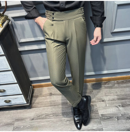 Italian Style Naples High Waisted Straight Pants Men High Quality Solid Color Business Casual Formal Office Social Suit Pants