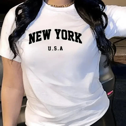 Funny New York Letter Fashion Print Casual Short Sleeve Women T-Shirt for Spring Summer Basics O-collar Women's Clothing