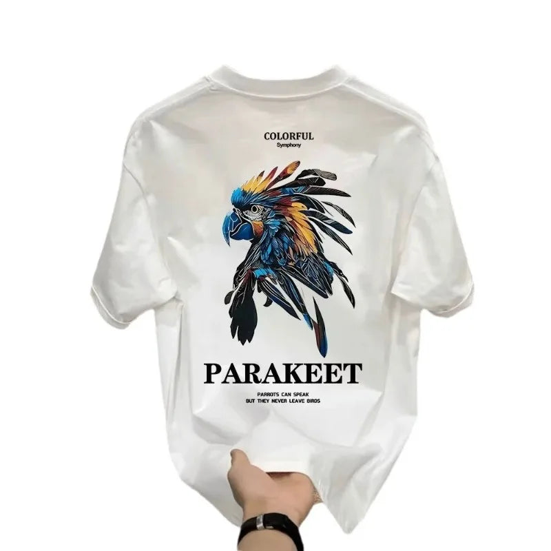 Men's Cotton T-shirts Fitted Black 5XL T Shirt for Men Casual Summer Wear Fashion Parakeet Print White Tee Shirts Men Clothing