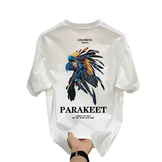Men's Cotton T-shirts Fitted Black 5XL T Shirt for Men Casual Summer Wear Fashion Parakeet Print White Tee Shirts Men Clothing
