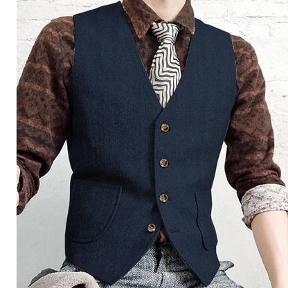 Men Vest Gray Herringbone Single Button V Neck Waistcoat For Wedding Banquet Business Office Work Daily Casual Men Suit Vest