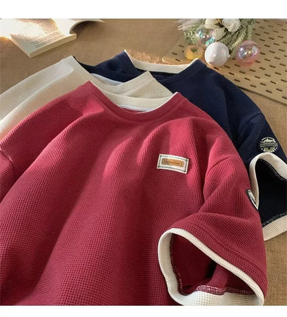 Summer Waffle Short Sleeve T Shirt For Men Vintage Appliques Loose T-shirts Couple Y2K Streetwear Clothes Fake Two-piece Tees