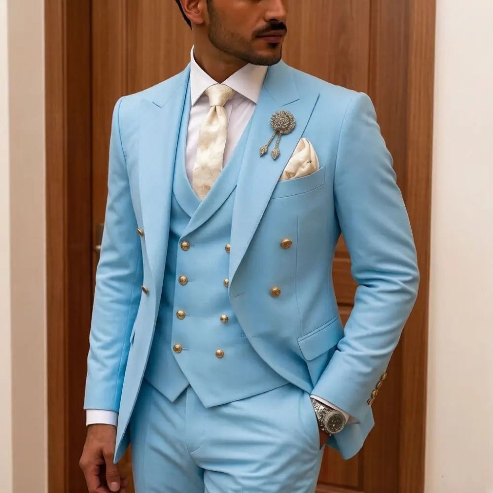 Mens White 3 Piece Suits Double Breasted Waistcoat Wedding Tuxedo Shiny Gold Buttons Luxury Formal Groom Prom Party Celebration
