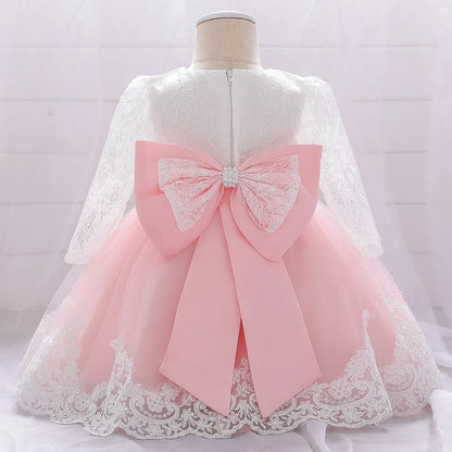 Long Sleeve Baby Girls Dress Newborn White Baptism Tulle Party Wedding 1st Birthday Princess Dresses Infant Girls Bow Prom Gown